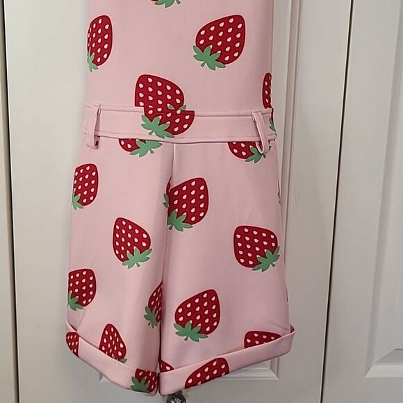 Hot Topic Pink Red Green Novelty Strawberry Print Overalls Shortalls Size M - Picture 4 of 14
